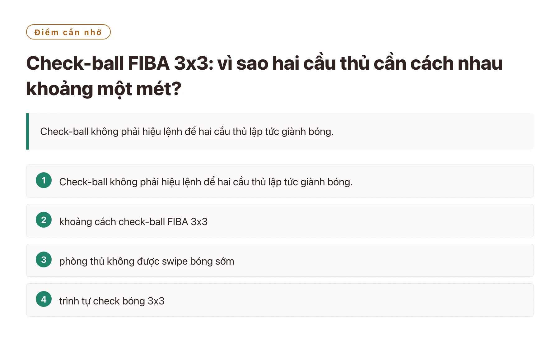 Check-ball FIBA 3x3: vì sao hai cầu thủ cần cách nhau khoảng một mét?——全文要点速览